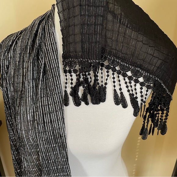 Black and Metallic Silver Scarf with Embroidered Lace Fringe - Picture 1 of 5